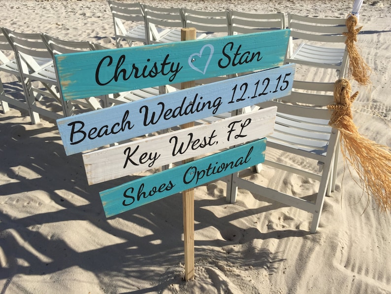 personalized beach wedding directional sign, shoes optional
