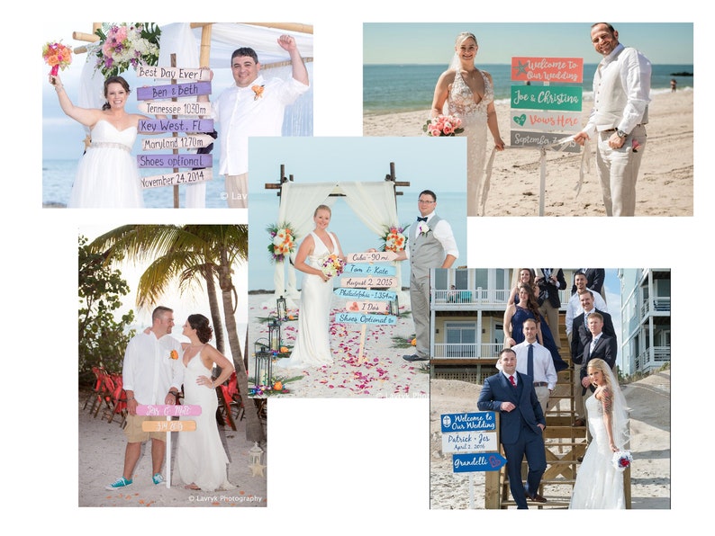 Happy couples with iDecor4you wedding directional signs