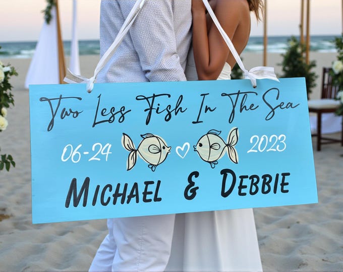 Beach wedding Decor, Two Less Fish sign, Personalized wedding gift Newlywed, Bride & Groom names sign. Bridal shower gift.