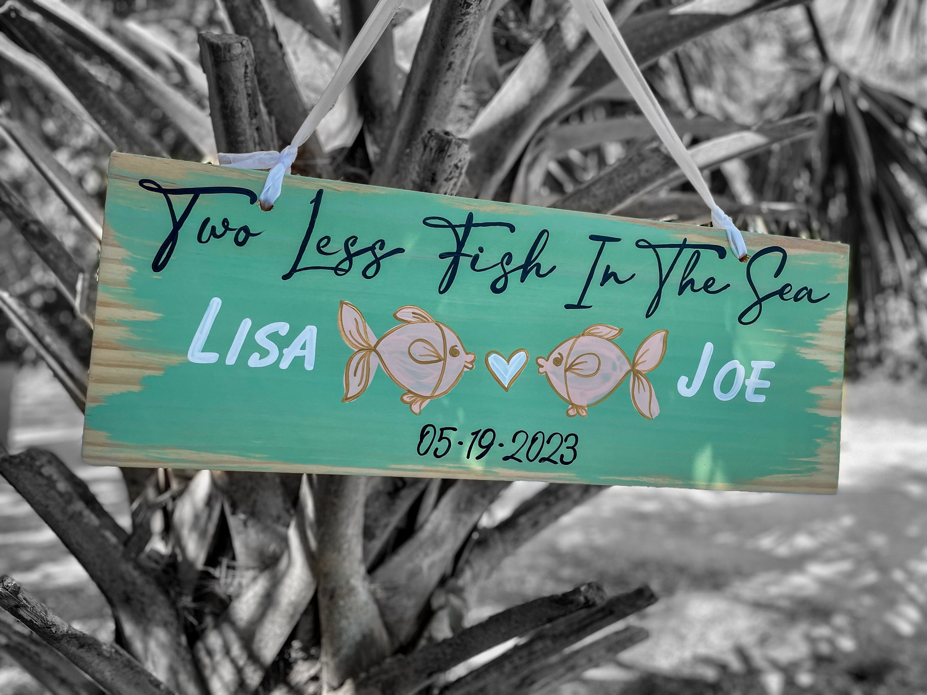 Newlywed gift, two less fish in the sea personalized sign, Beach