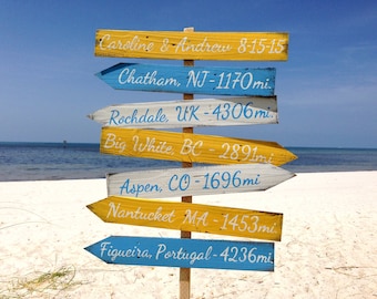 Directional sign with mileage and Family names, Beach House Decor, Christmas gift for parent from kids, outdoor garden decor