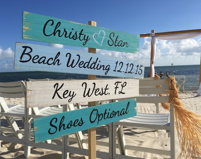 Beach Wedding sign, Directional sign, Shoes Optional Sign, Aqua wedding decor. Gift for couple