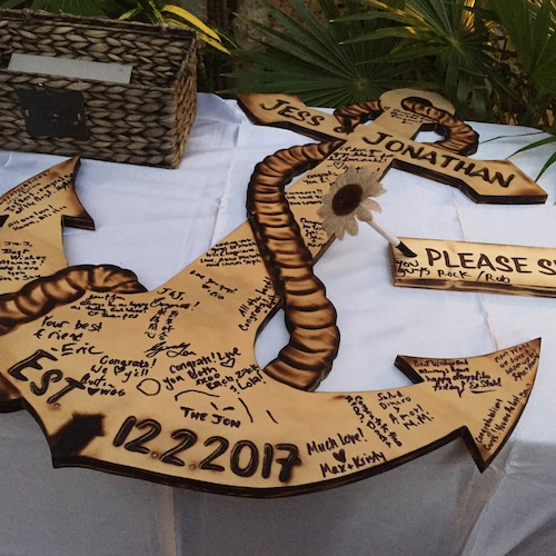 Wooden Anchor shops wedding Guest book, Burnt wood anchor sign. Guestbook alternative. Rustic Wedding Decor.
