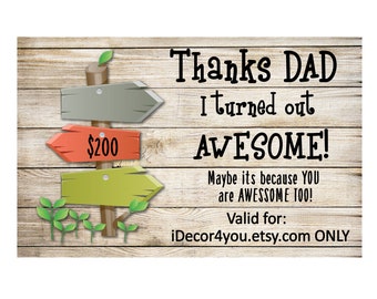 Fathers day Last minute Gift Certificate for iDecor4you store. Gift for Dad. 200 dollars