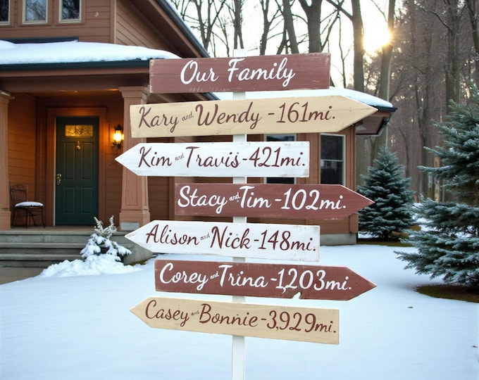 Personalized Family Directional Signpost, Custom Mileage sign, Gift for Mom n Dad, Entryway decor