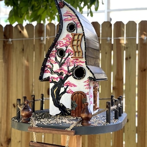 Large Wood Bird house with rope ladder Sakura tree, Japanese style. Bird feeder for outdoor garden decor.