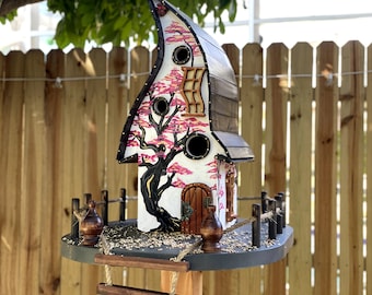 Large Wood Bird house with rope ladder Sakura tree, Japanese style. Bird feeder for outdoor garden decor.