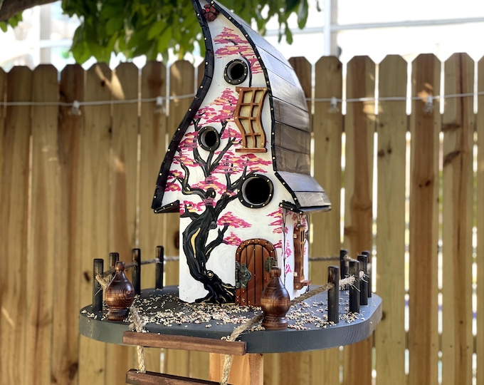 Large Wood Bird house with rope ladder Sakura tree, Japanese style. Bird feeder for outdoor garden decor.