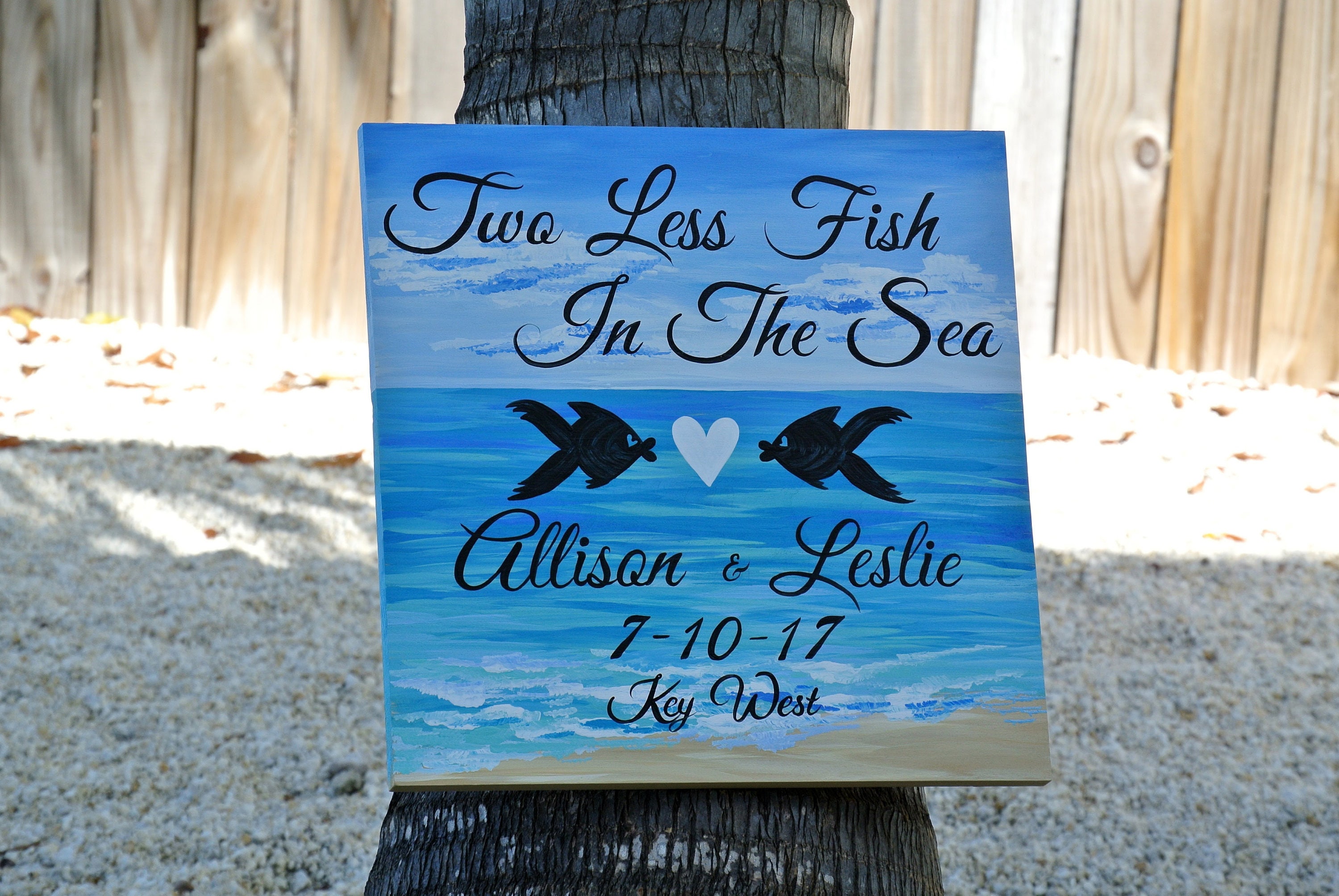 Wedding Beach sign for ceremony. Two Less Fish In The Sea Wood