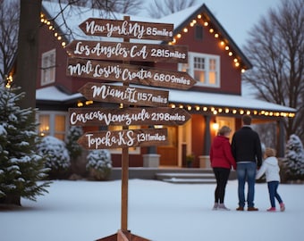 Family Directional Sign personalized, Garden Decor. Mileage arrows sign post for home. Backyard gift for mom and dad.