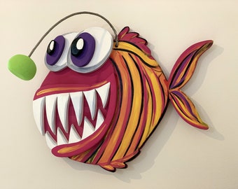 Angler Fish wall art wood. Funny fish decor for home. Large wooden decor