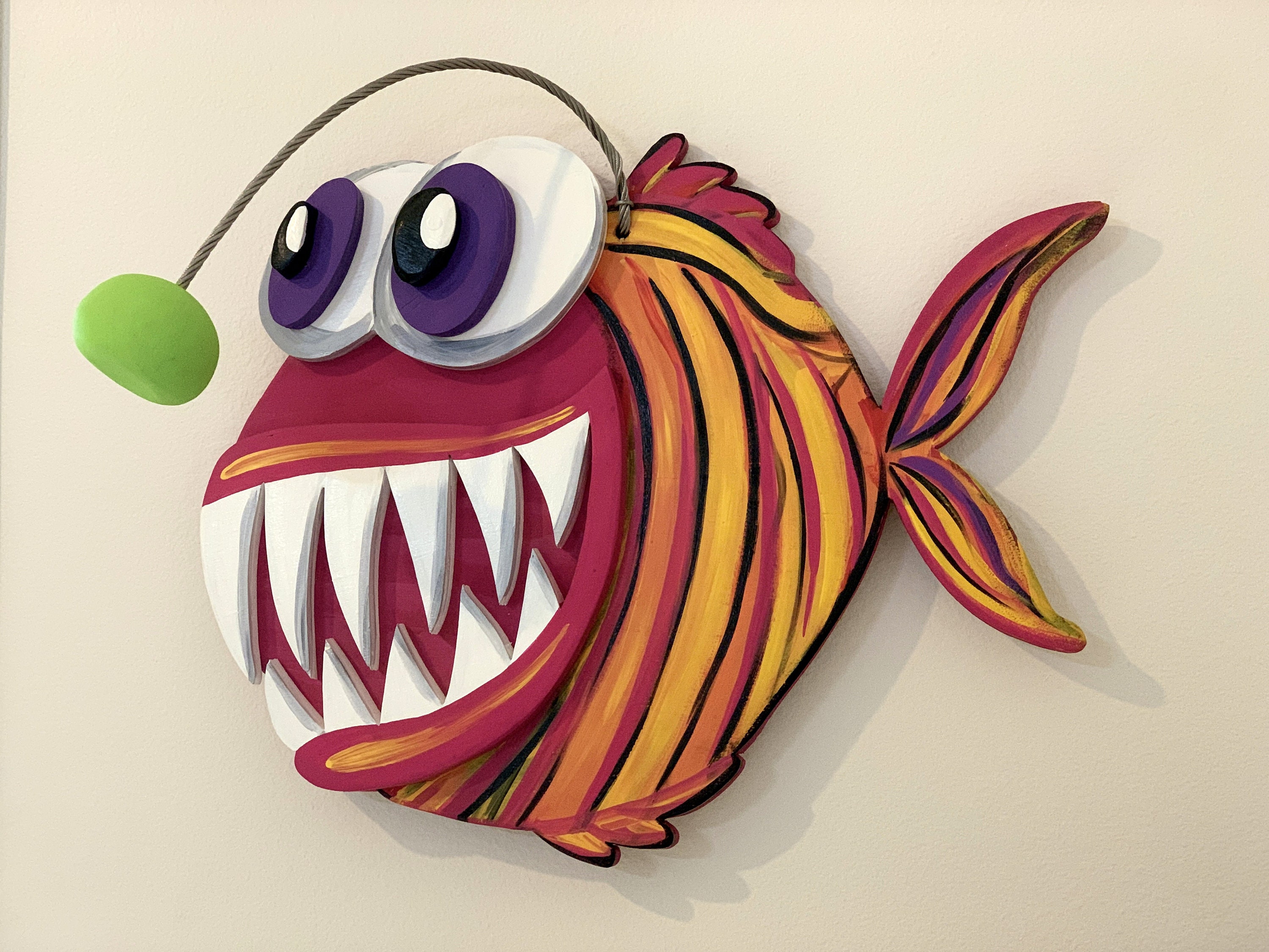 Angler Fish Wall Art Wood. Funny Fish Decor for Home. Large Wooden