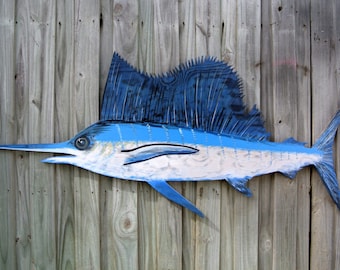 Wood Blue Marlin wall art. Wooden decor outdoor. Sail fish gift for Dad, for him