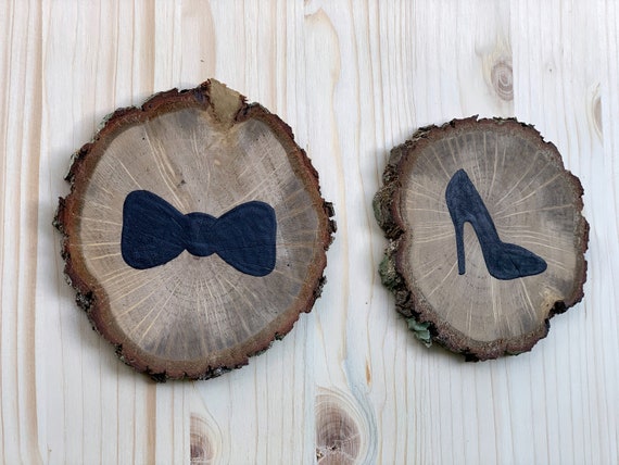 Restroom door sign. Funny bathroom decor. Wood bow tie and heel signs.