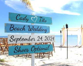 Beach wedding direction sign, Newlywed gift Directional yard Signs with bride groom name, Shoes optional sign