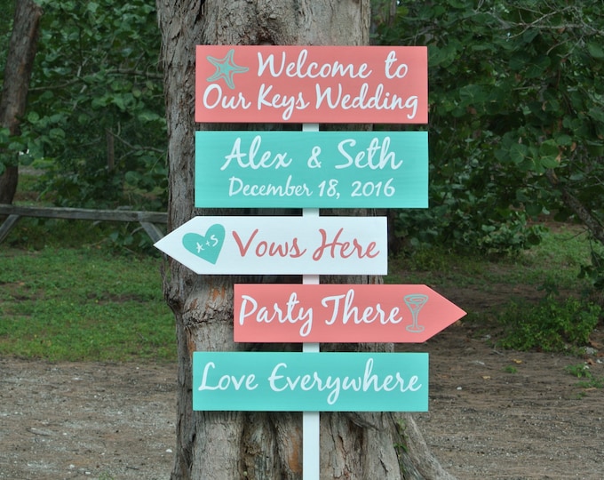 Coral welcome to our wedding direction sign with names, Beach wedding decor Vows Here, Party There, Love everywhere sign with heart