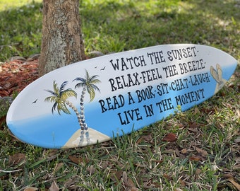 Surfboard decor outdoor, Watch the sunset sign, Relax wooden pool deck wall art. Best Friends gift