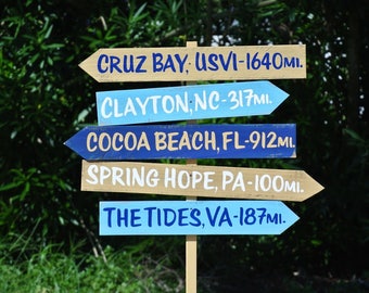 Beach House Decor for garden. Direction sign post with mileages. Housewarming Gift for Christmas