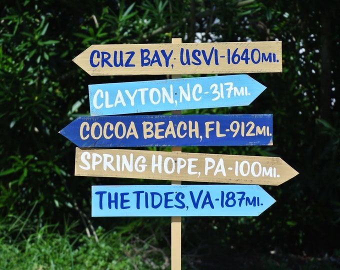 Beach House Decor for garden. Direction sign post with mileages. Housewarming Gift for Christmas