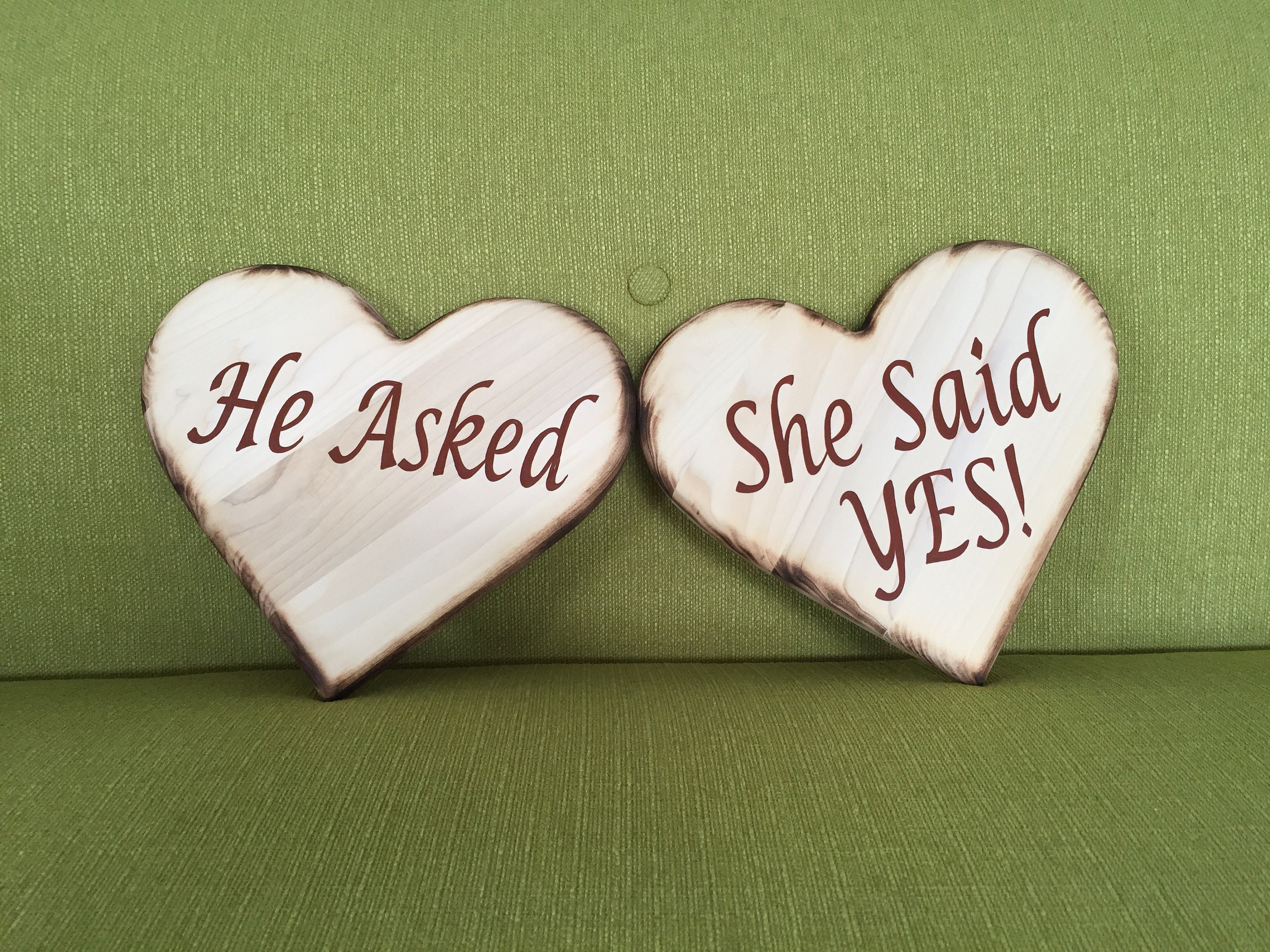 He asked She said Yes engagement wood sign. Gift photo props, Wooden