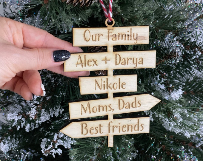 Directional sign Christmas ornament wood, Personalized Family Christmas gift for mom and dad.