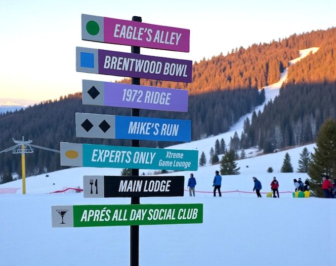 Directional Sign Ski Lodge Trial,  Free standing Direction signpost, Custom Mountain & Cabin Decor, Après Decor, Winter Wedding sign