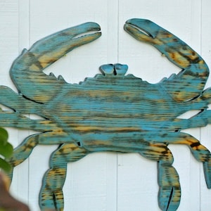 Cangrejo azul de madera. Gran arte mural playero. Decoración de patio exterior de madera de cangrejo. Letrero para bar.