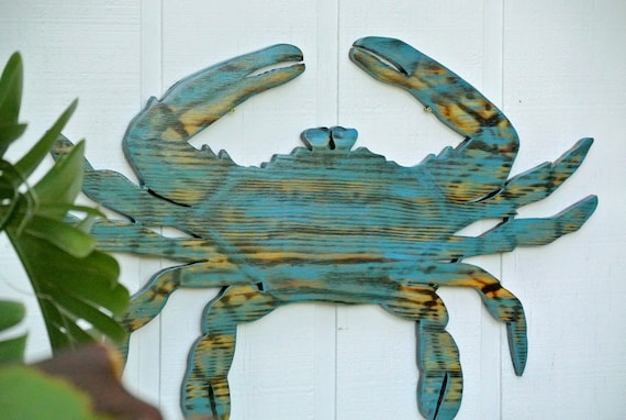 Wooden blue crab. Large beach wall art. Crab wood Outdoor patio decor. Home bar sign