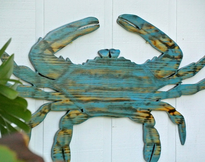 Wooden blue crab. Large beach wall art. Crab wood Outdoor patio decor. Home bar sign