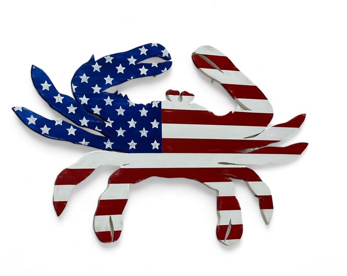 USA flag wooden crab Beach house decor for pool deck. Patriotic decor Housewarming gift.