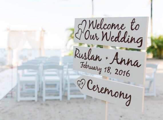 Ivory Welcome Wedding Sign, Romantic Beach Wedding Decor, Rustic Chic Wedding Beach Sign, Directional Arrow Sign
