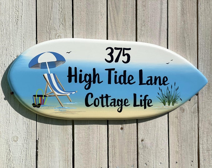 House number sign, Surfboard Cottage wall decor, Housewarming gift idea, Beach House decor