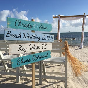 Beach Wedding Directional Sign, Personalized Sign Post, Custom Newlywed Gift, Destination Wedding Decor, Shoes Optional