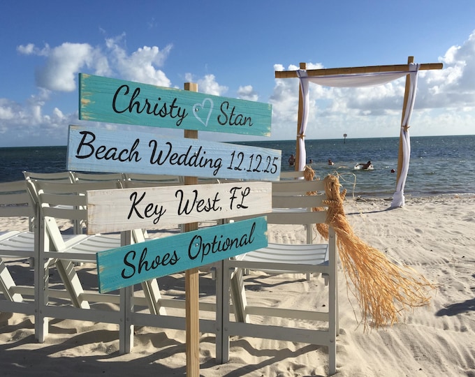 Beach Wedding Directional Sign, Personalized Sign Post, Custom Newlywed Gift, Destination Wedding Decor, Shoes Optional