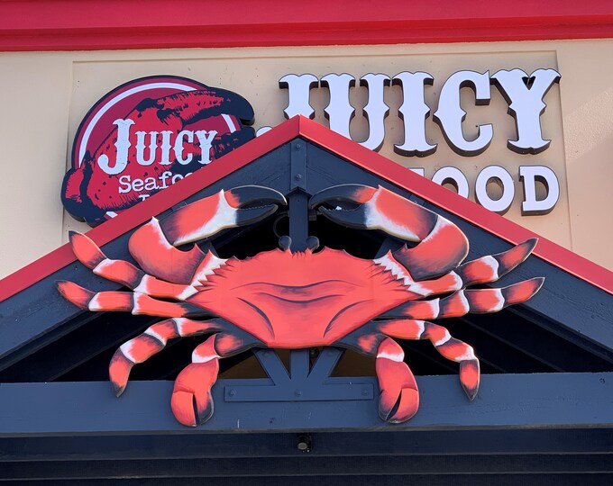 Seafood Restaurant decor. Large wood crab. Business sign outdoor. wooden decor.