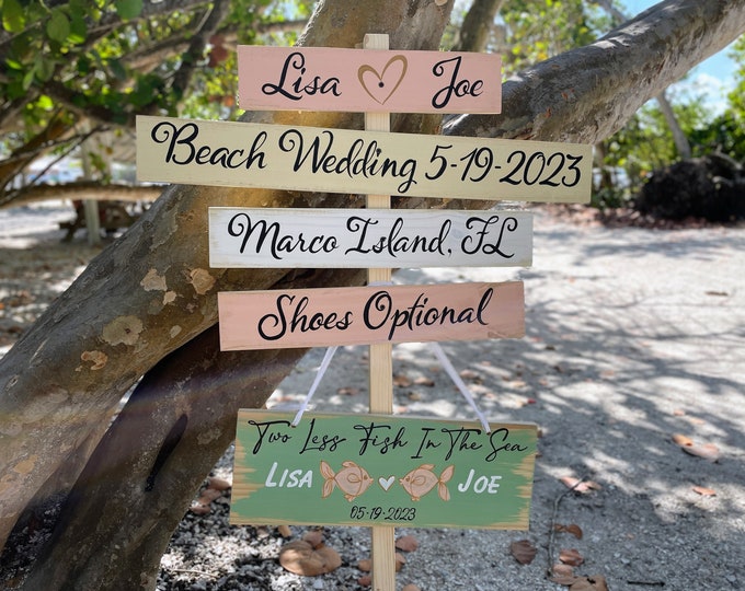 Beach wedding direction sign, Personalized wedding decor Boho, shoes optional sign post, Gift for couple