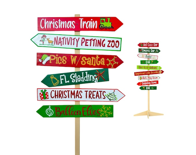 Christmas directional sign arrows, Holiday market direction sign wood, Christmas party wayfinding sign post free standing (optional)