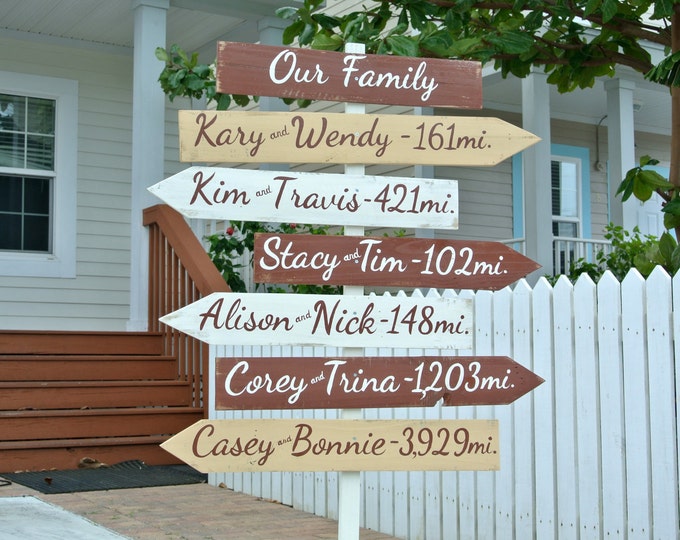 Our Family wood directional sign post with mileage. Holiday Gift for parents. Destination mileage signage. Backyard garden decor for home.