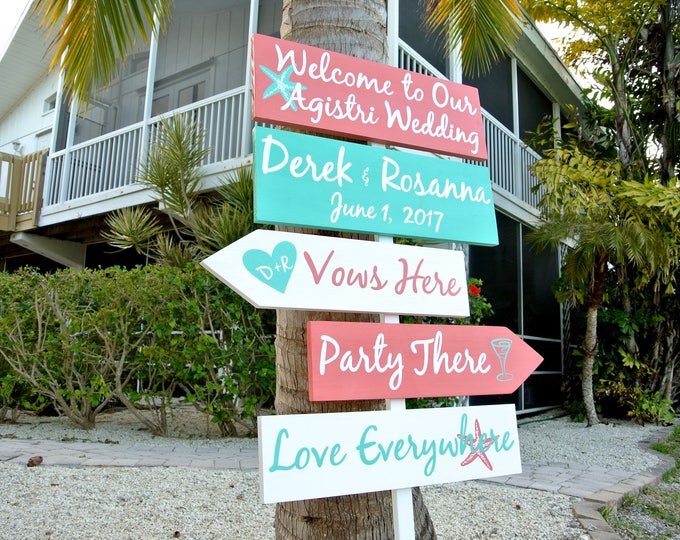 Wedding Direction Sign, Beach wedding decor. Vows here, Party There, Love Everywhere