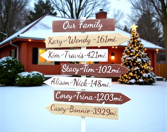 Family Directional sign Custom with miles, kids names. Personalized Christmas Gift for Parents, Mileage sign post