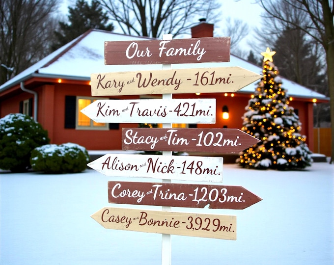Family Directional sign Custom with miles, kids names. Personalized Christmas Gift for Parents, Mileage sign post