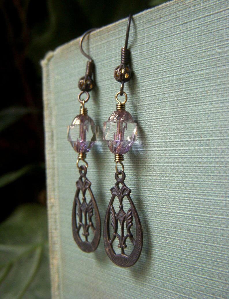 Vintage Style Victorian Earrings Lightweight Lavender Glass Dangle Teardrop Filigree Czech Glass Turbine Art Nouveau Earrings