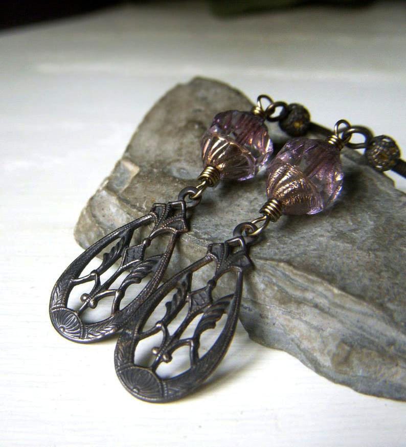 Vintage Style Victorian Earrings Lightweight Lavender Glass Dangle Teardrop Filigree Czech Glass Turbine Art Nouveau Earrings