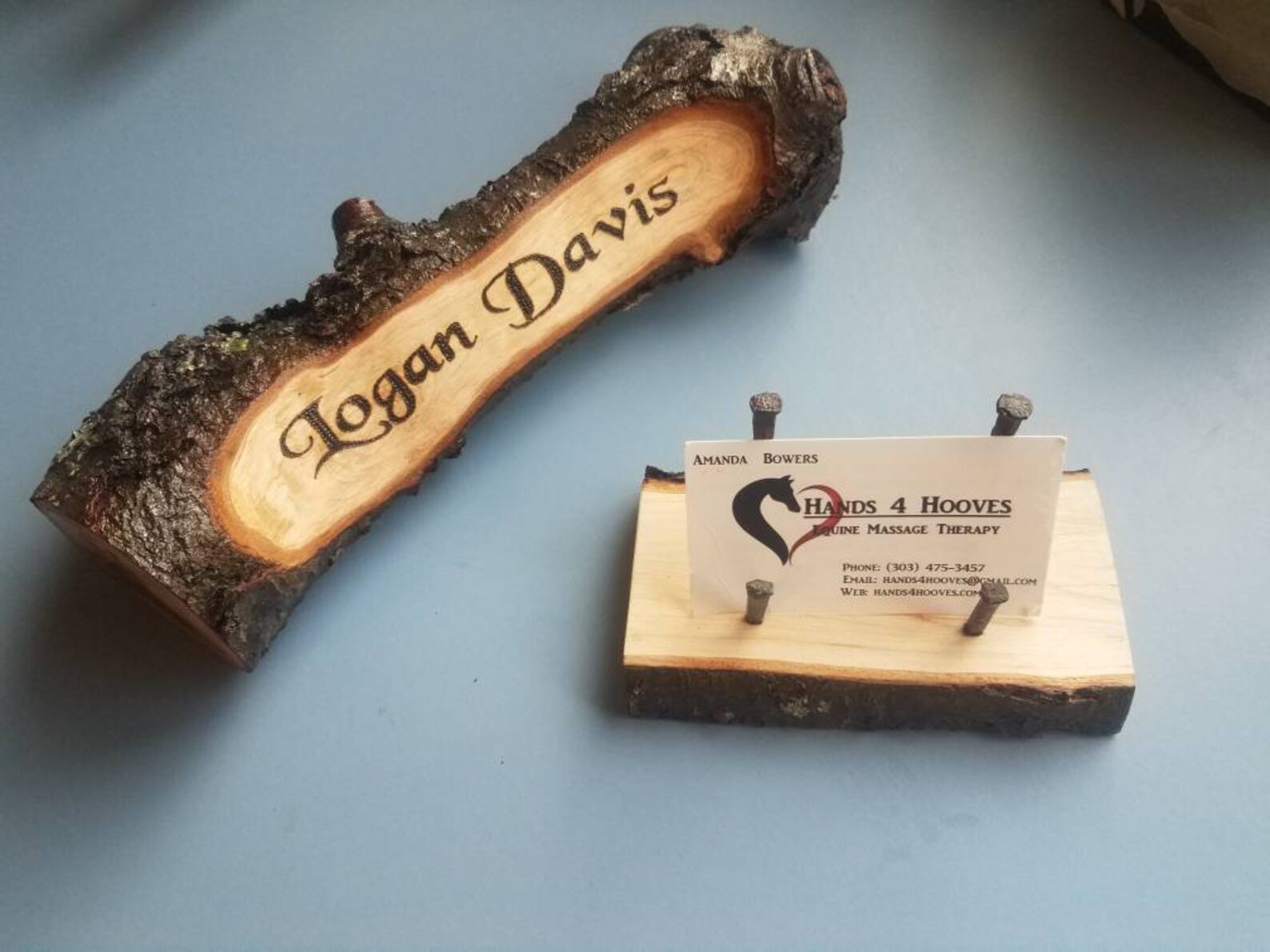 Matching wood desk name plate & card holder burnt in letters Etsy