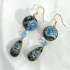 Blue Rose tensha beads earrings, Japanese beads , Black, Gold , gift for her, gift for mom, Mother’s Day, Swarovski