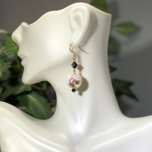Antique pink rose tensha beads earrings with Black swarovski , gift for her, Japanese beads, Oriental earrings
