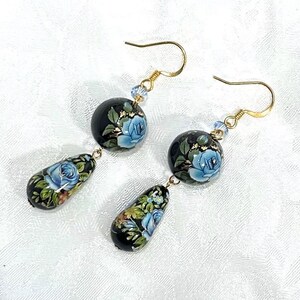 Blue Rose tensha beads earrings 14mm, Japanese beads , Black, Gold , gift for her, gift for mom, Mother’s Day, Swarovski