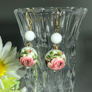 Pink rose tensha beads earrings , Japanese beads , Summer , White , gift for her, gift for mom, Mother’s Day