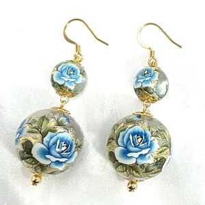 Blue Rose tensha beads earrings, Japanese beads , Summer , Clear , Pink , gift for her, gift for mom, Mother’s Day
