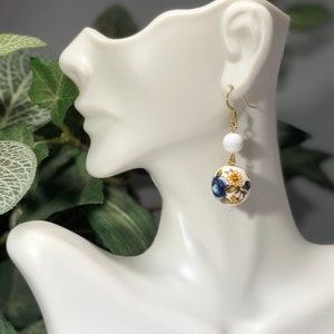 Blue floral tensha beads earrings , Japanese beads , Summer , White , Blue, gift for her, gift for mom